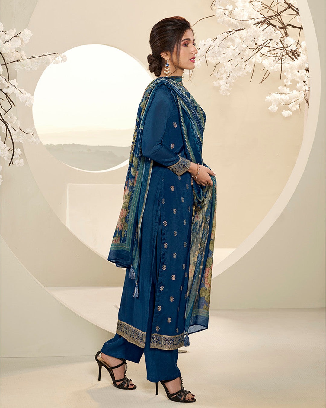 Royal Blue Muslin Jacquard Kurta. Paired with Santoon Straight pants and Muslin Jacquard Abstract Digital Print Dupatta