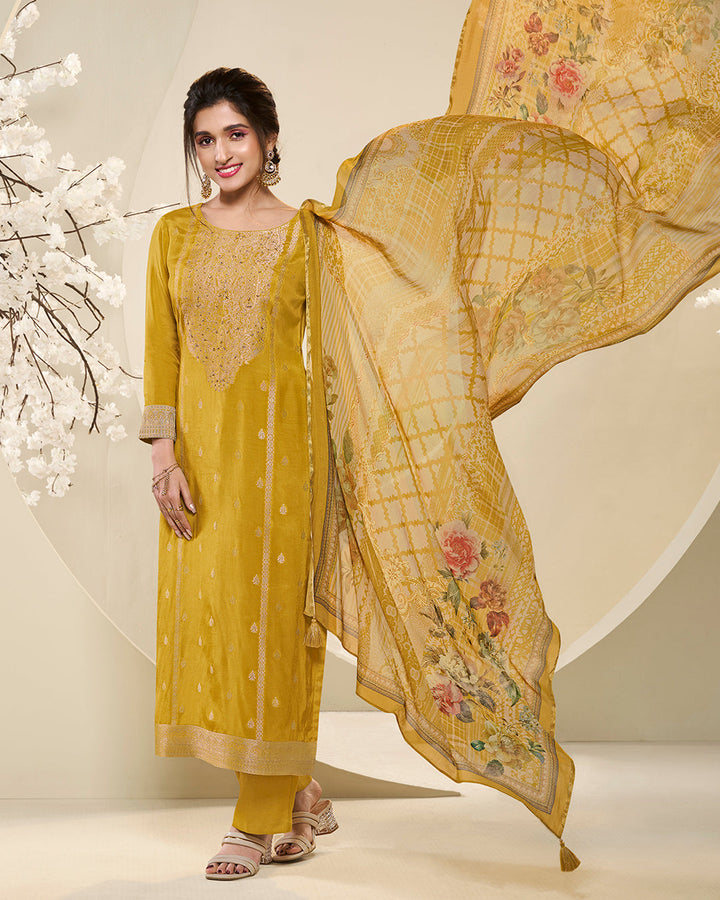 Amber Yellow Muslin Jacquard Kurta .Paired with Santoon Straight pants and Muslin Jacquard Abstract Digital Print Dupatta