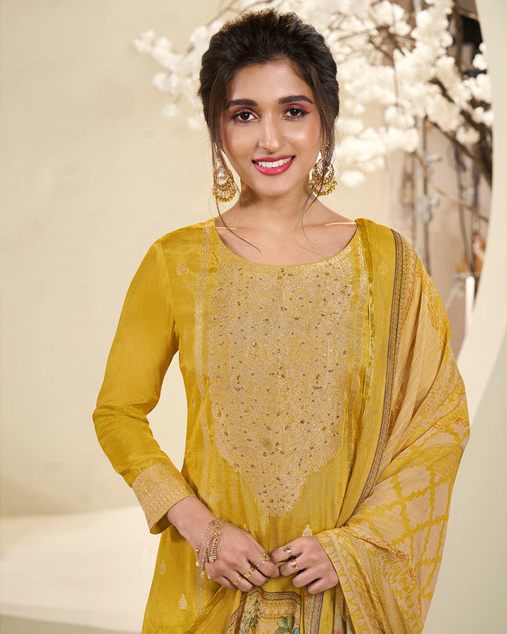 Amber Yellow Muslin Jacquard Kurta .Paired with Santoon Straight pants and Muslin Jacquard Abstract Digital Print Dupatta