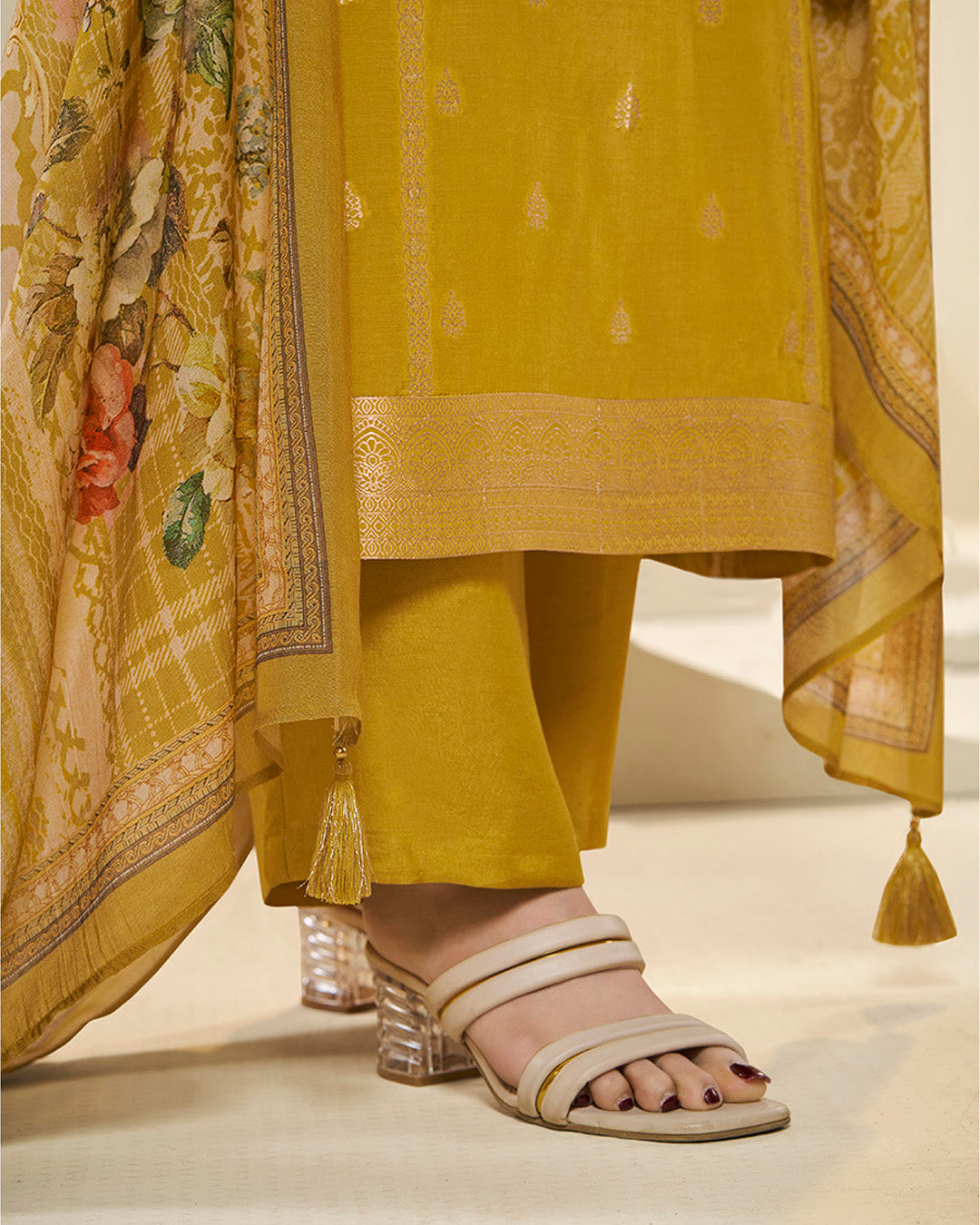 Amber Yellow Muslin Jacquard Kurta .Paired with Santoon Straight pants and Muslin Jacquard Abstract Digital Print Dupatta