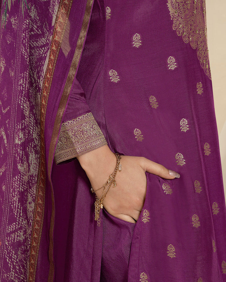 Cobalt Purple Muslin Jacquard Kurta . Paired with Santoon Straight pants and Muslin Jacquard Abstract Digital Print Dupatta