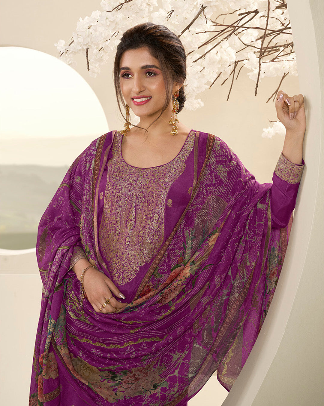 Cobalt Purple Muslin Jacquard Kurta . Paired with Santoon Straight pants and Muslin Jacquard Abstract Digital Print Dupatta