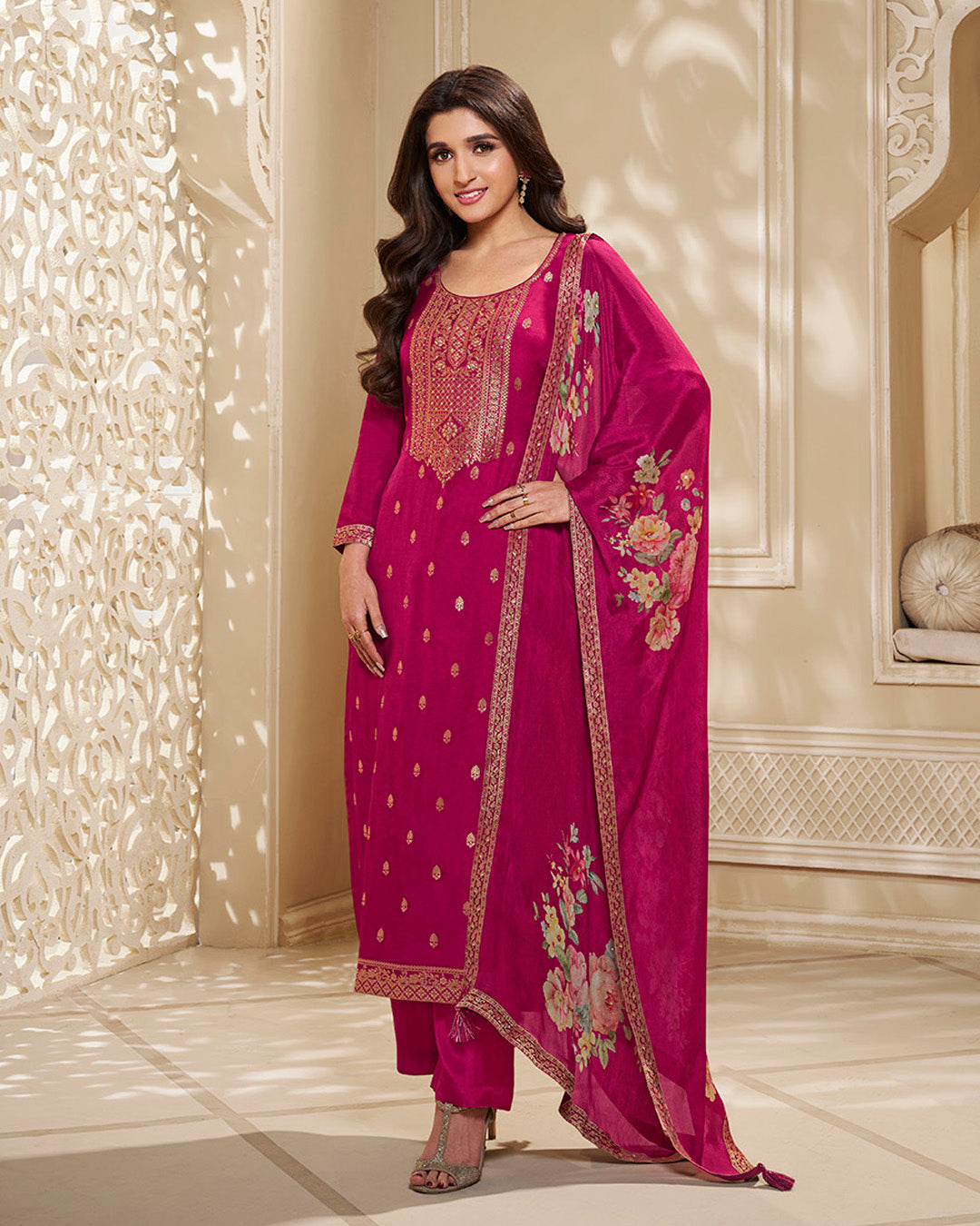 Magenta Pink Dola Silk Kurta . Paired with Santoon Straight Pants and Chinon Floral Printed Dupatta.