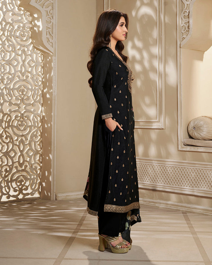 Charcoal Black Dola Silk Kurta . Paired with Santoon Straight Pants and Chinon Floral Printed Dupatta.