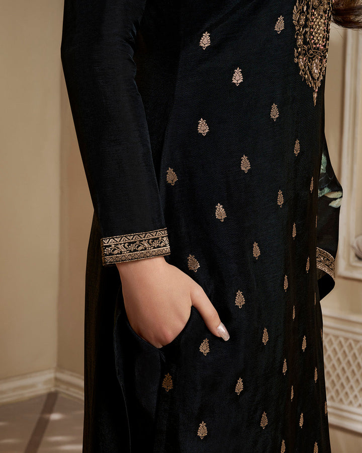 Charcoal Black Dola Silk Kurta . Paired with Santoon Straight Pants and Chinon Floral Printed Dupatta.