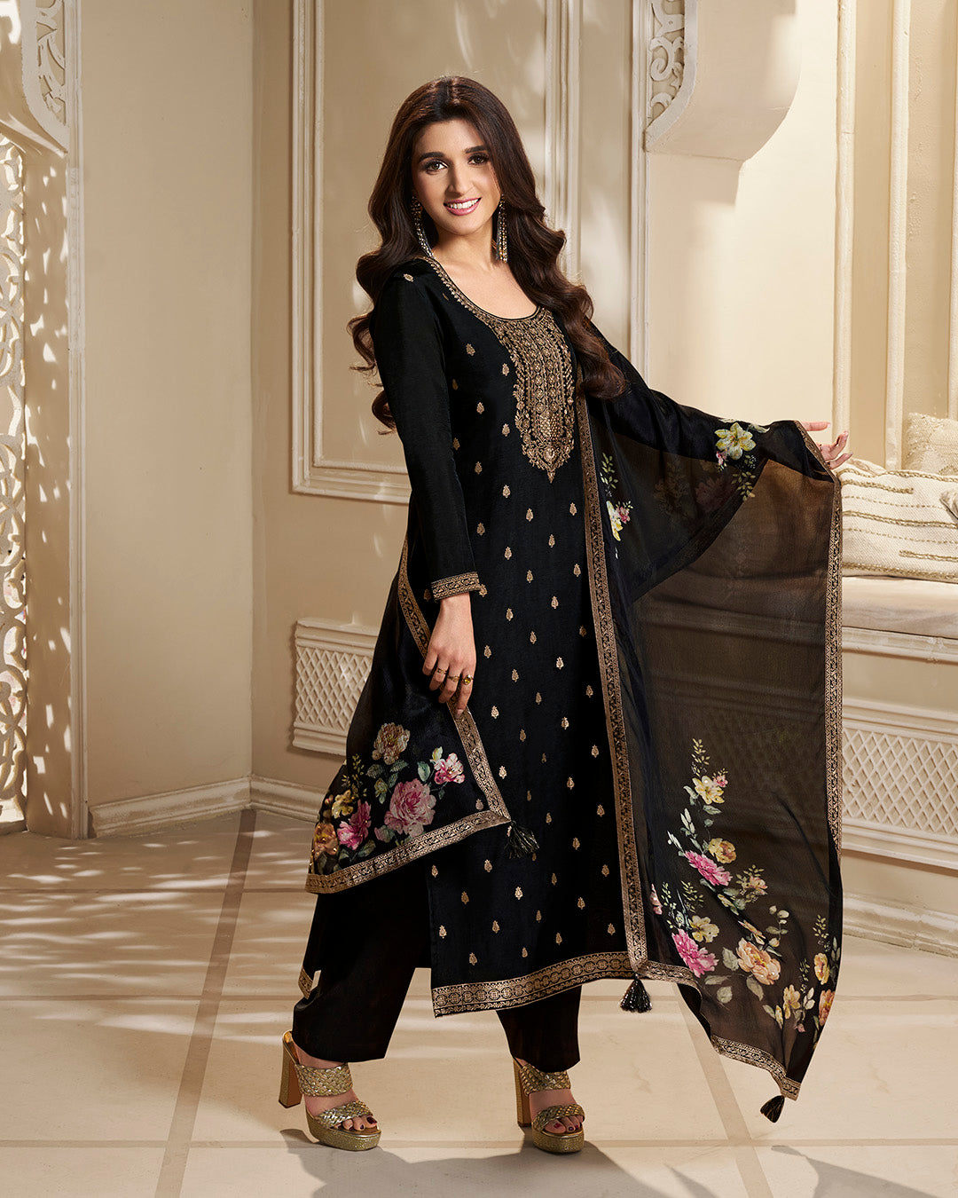 Charcoal Black Dola Silk Kurta . Paired with Santoon Straight Pants and Chinon Floral Printed Dupatta.