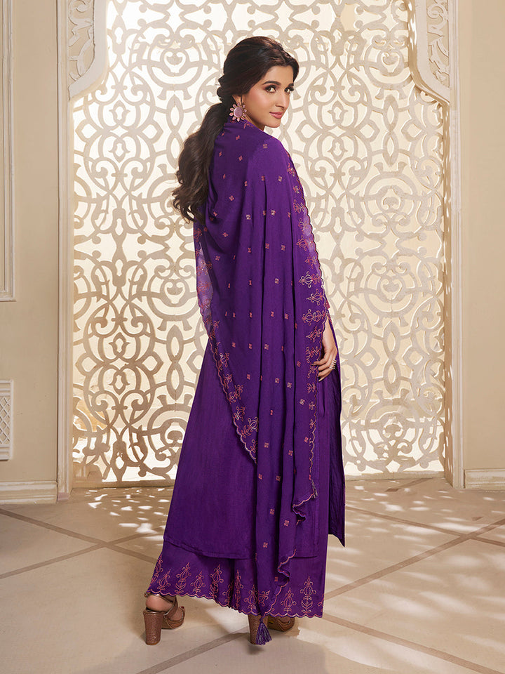 Purple Dola Silk Palazzo Suit Set with Zari and Self Weave Top by Qivii