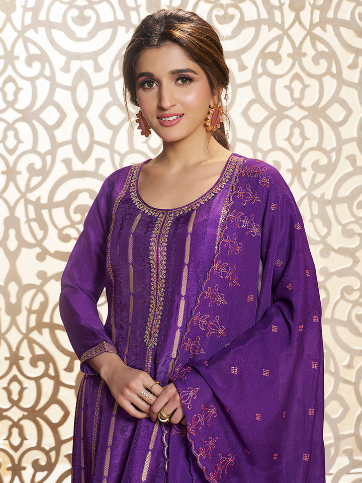 Purple Dola Silk Palazzo Suit Set with Zari and Self Weave Top by Qivii