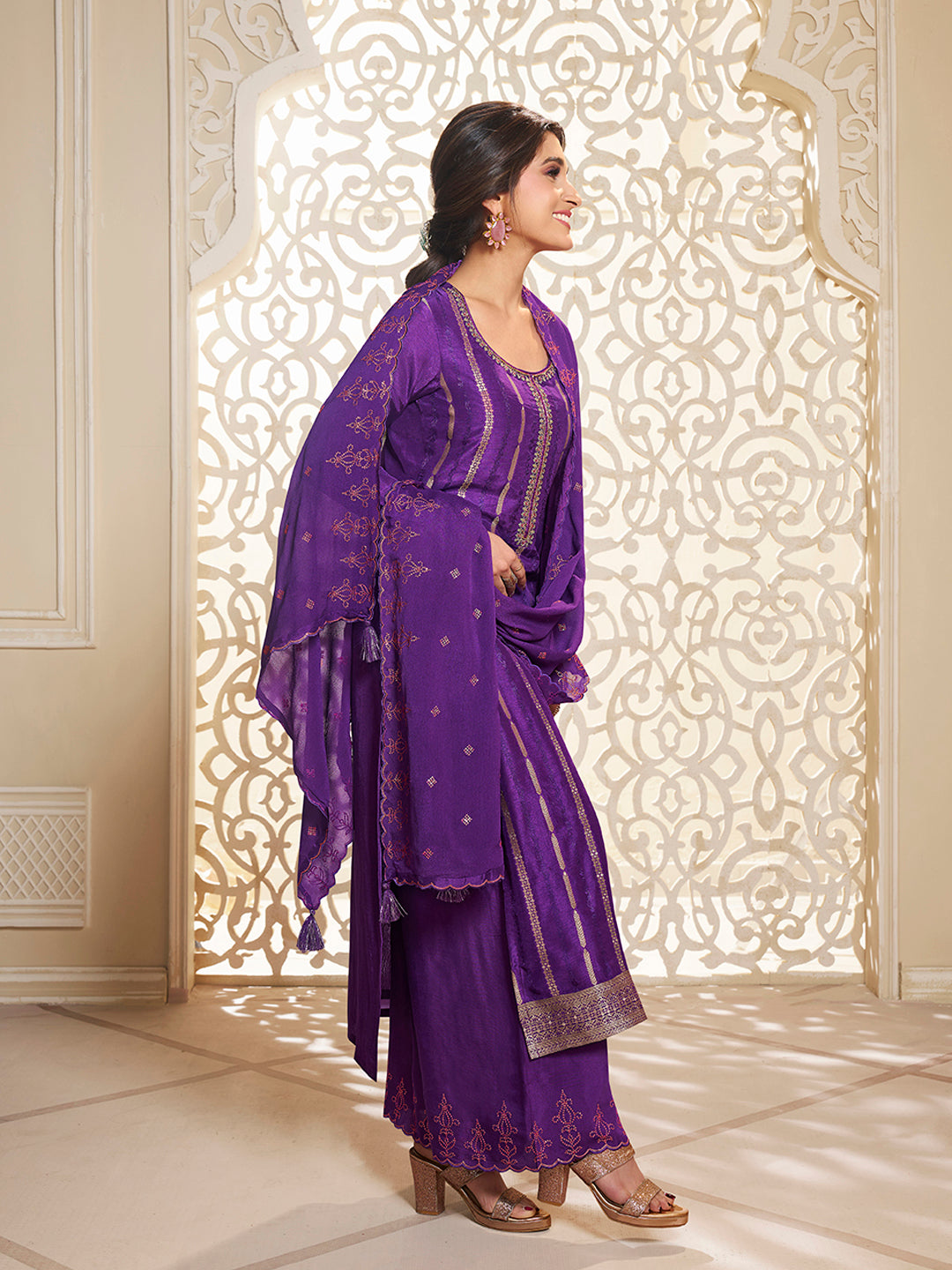 Purple Dola Silk Palazzo Suit Set with Zari and Self Weave Top by Qivii