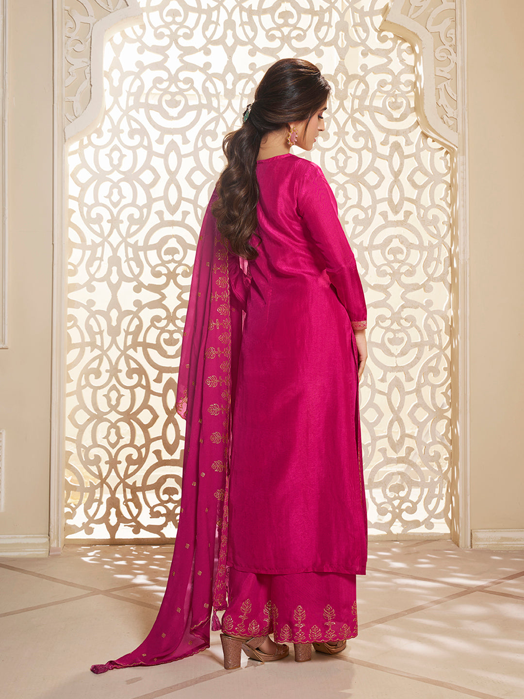 Pink Dola Silk Palazzo Suit Set with Zari and Self Weave Top by Qivii