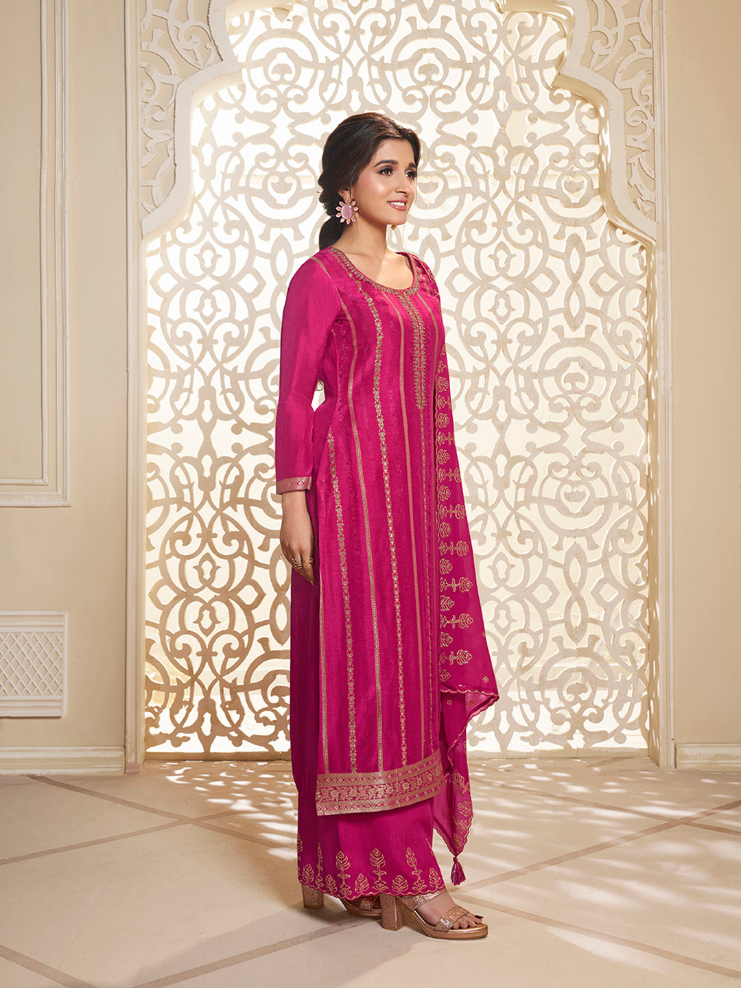 Pink Dola Silk Palazzo Suit Set with Zari and Self Weave Top by Qivii