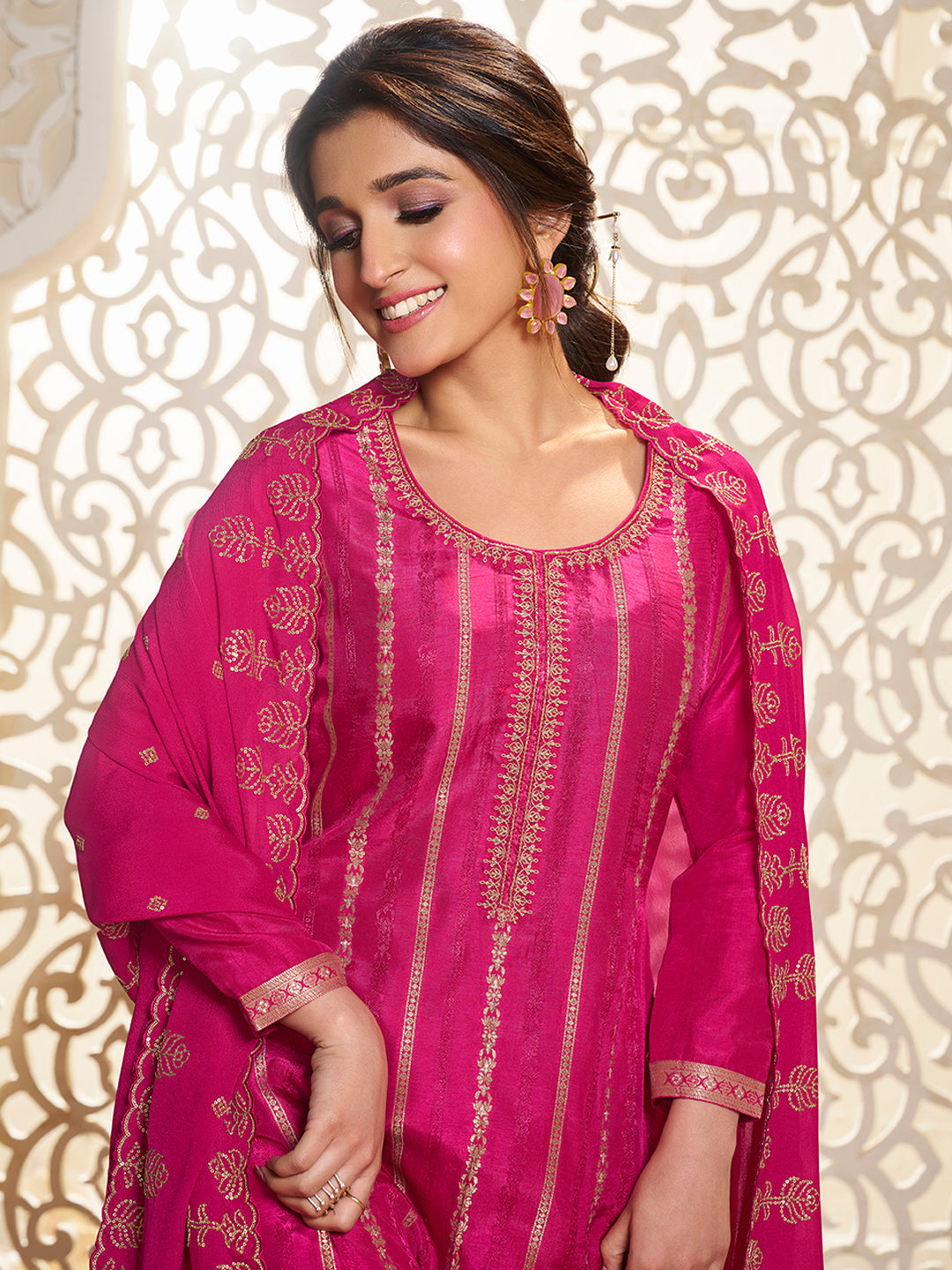 Pink Dola Silk Palazzo Suit Set with Zari and Self Weave Top by Qivii