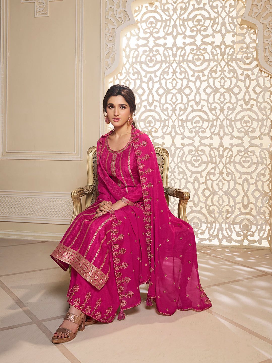 Pink Dola Silk Palazzo Suit Set with Zari and Self Weave Top by Qivii