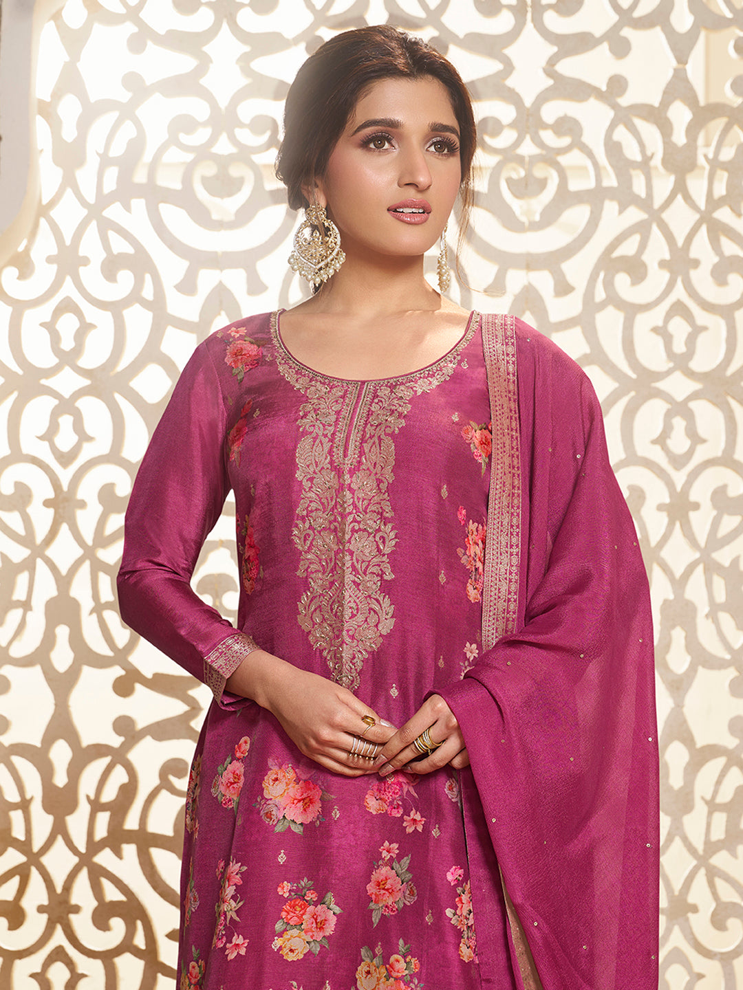 Hot Pink Dola Jacquard Digital Floral Printed Sharara Suit Set by Qivii