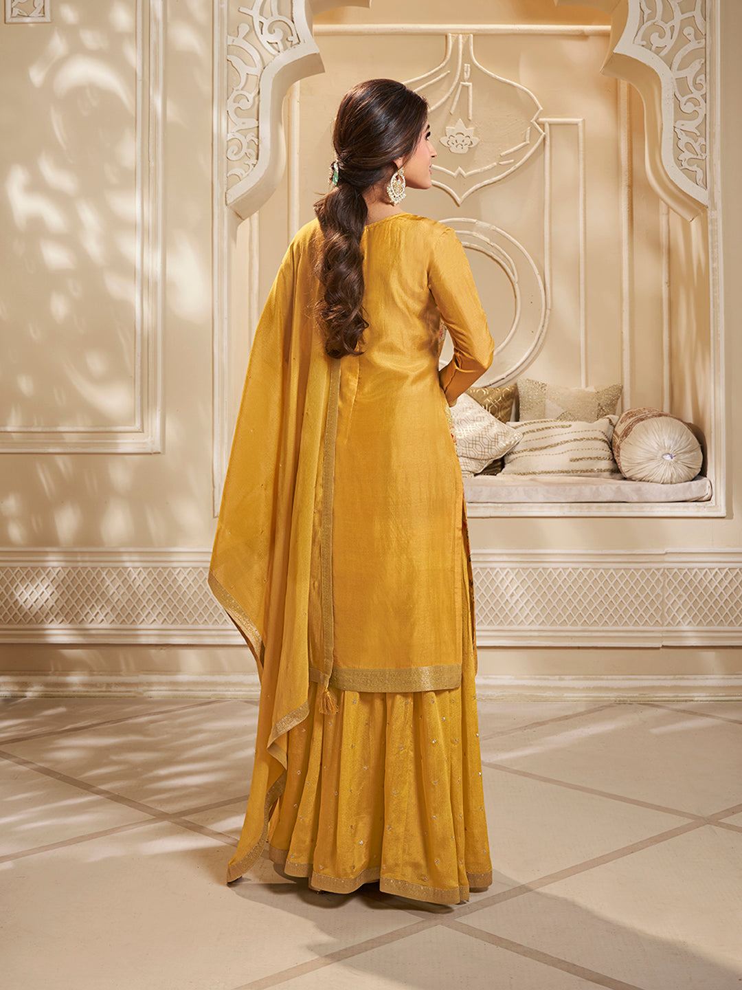 Yellow Dola Jacquard Digital Floral Printed Sharara Suit Set by Qivii