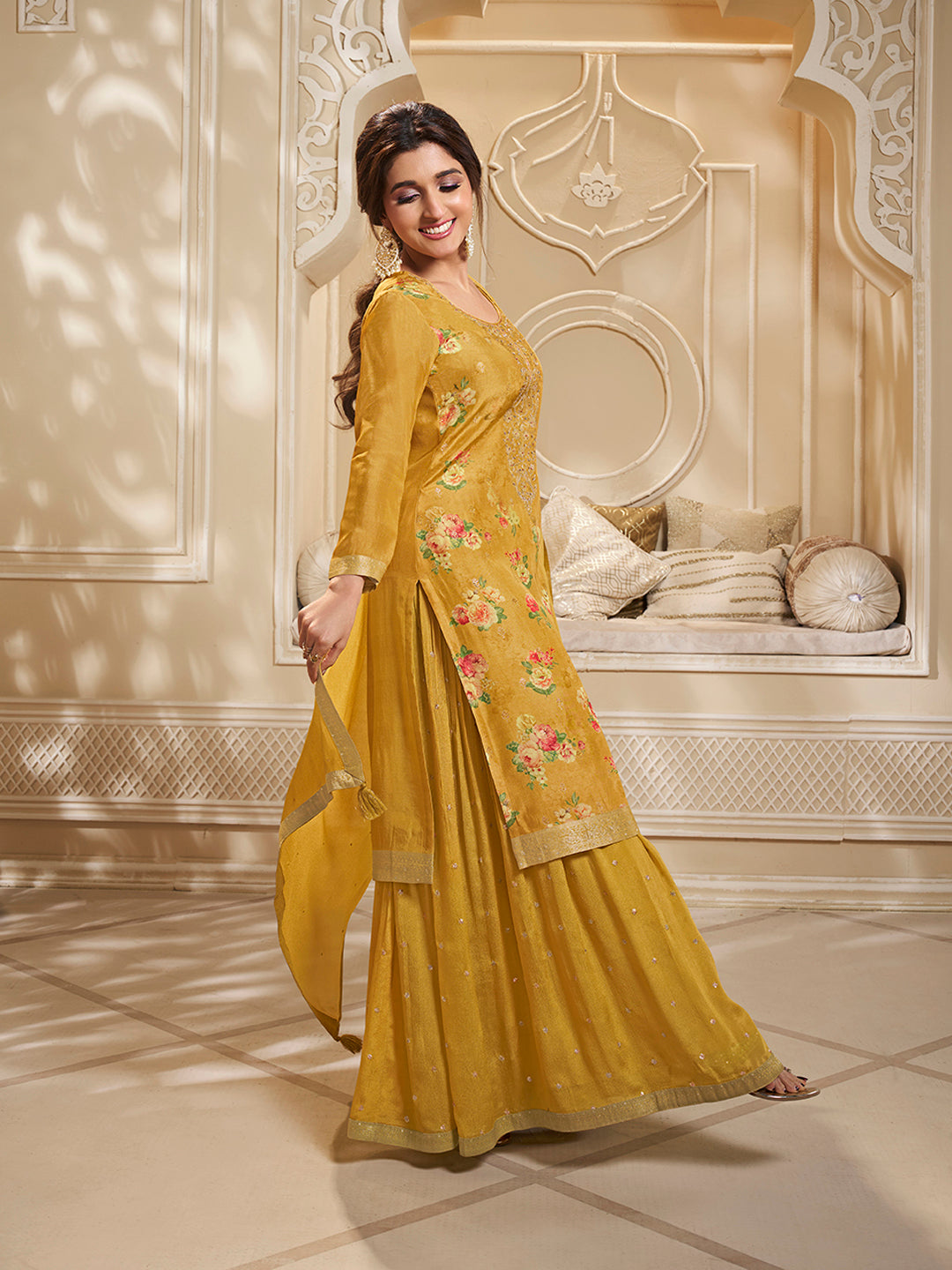 Yellow Dola Jacquard Digital Floral Printed Sharara Suit Set by Qivii