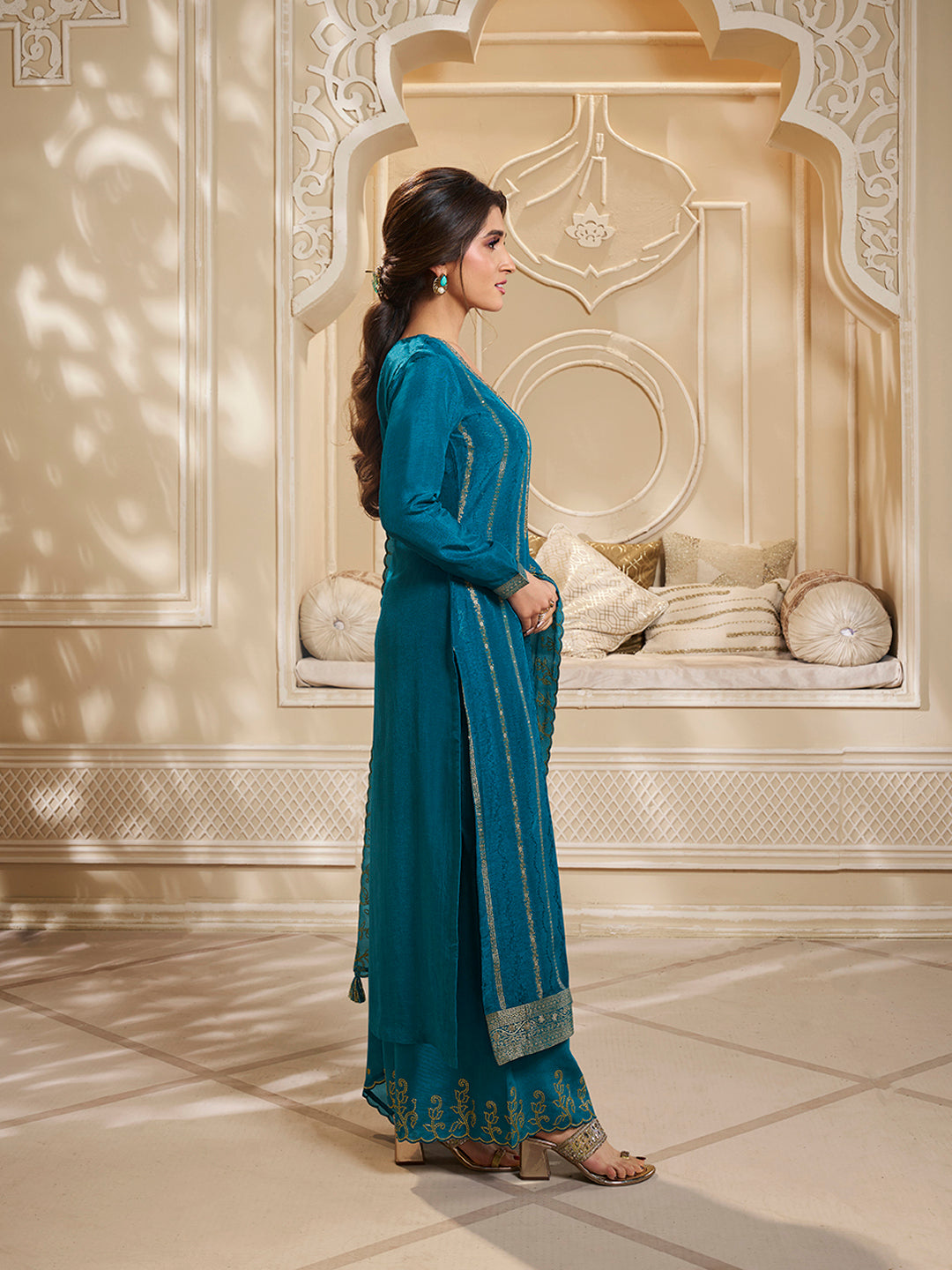 Blue Dola Silk Zari Palazzo Suit Set by Qivii