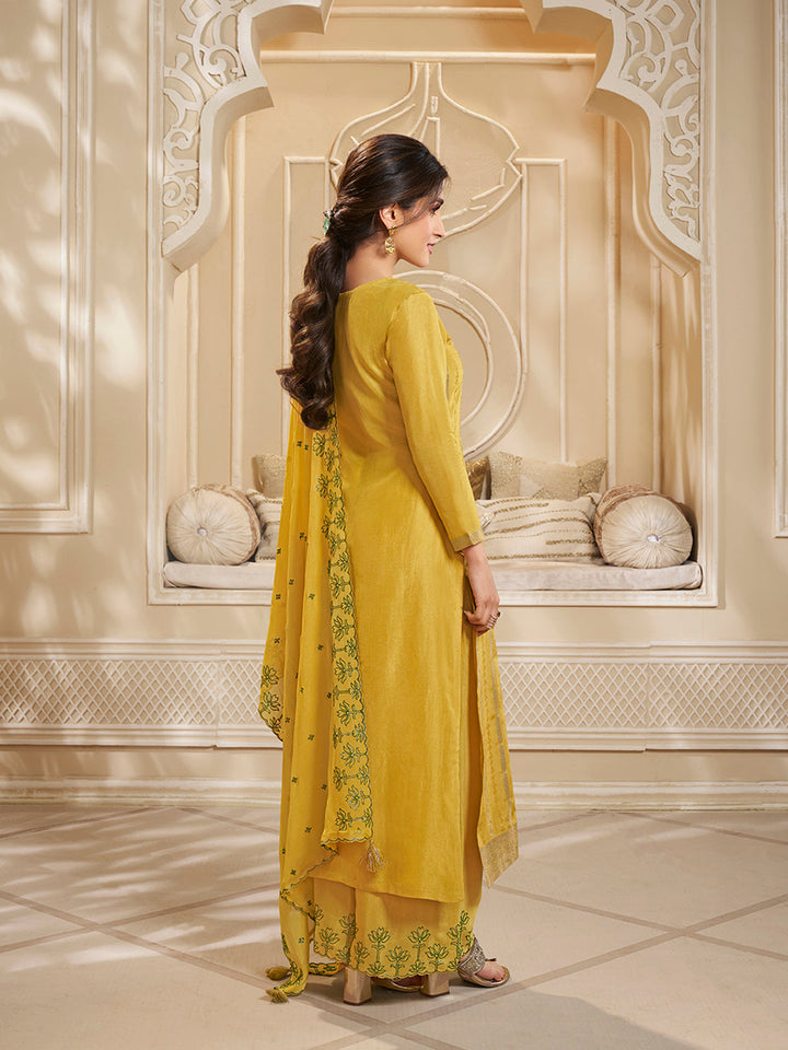 Yellow Dola Silk Palazzo Suit Set with Zari and Self Weave Top by Qivii