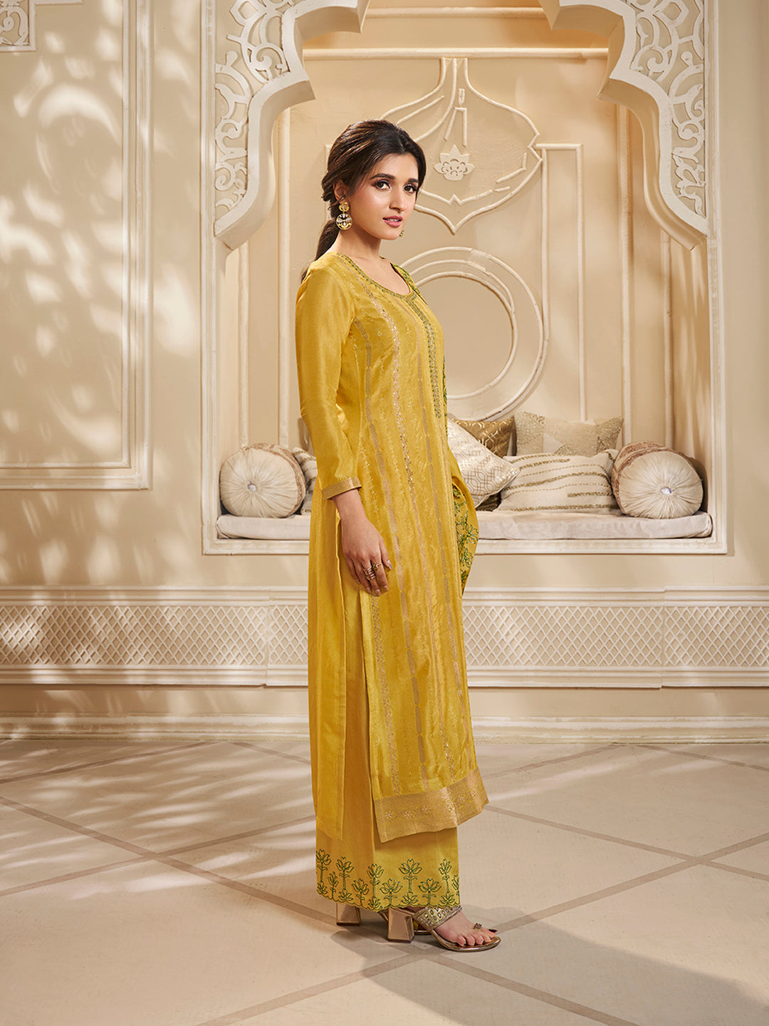 Yellow Dola Silk Palazzo Suit Set with Zari and Self Weave Top by Qivii