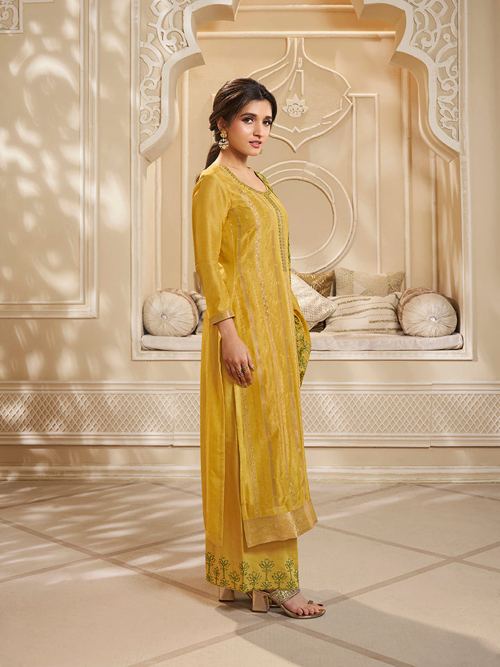 Yellow Dola Silk Palazzo Suit Set with Zari and Self Weave Top by Qivii