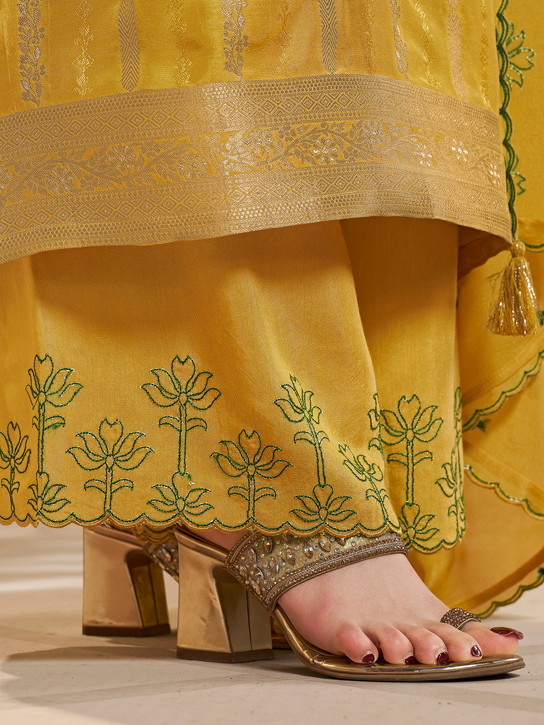 Yellow Dola Silk Palazzo Suit Set with Zari and Self Weave Top by Qivii