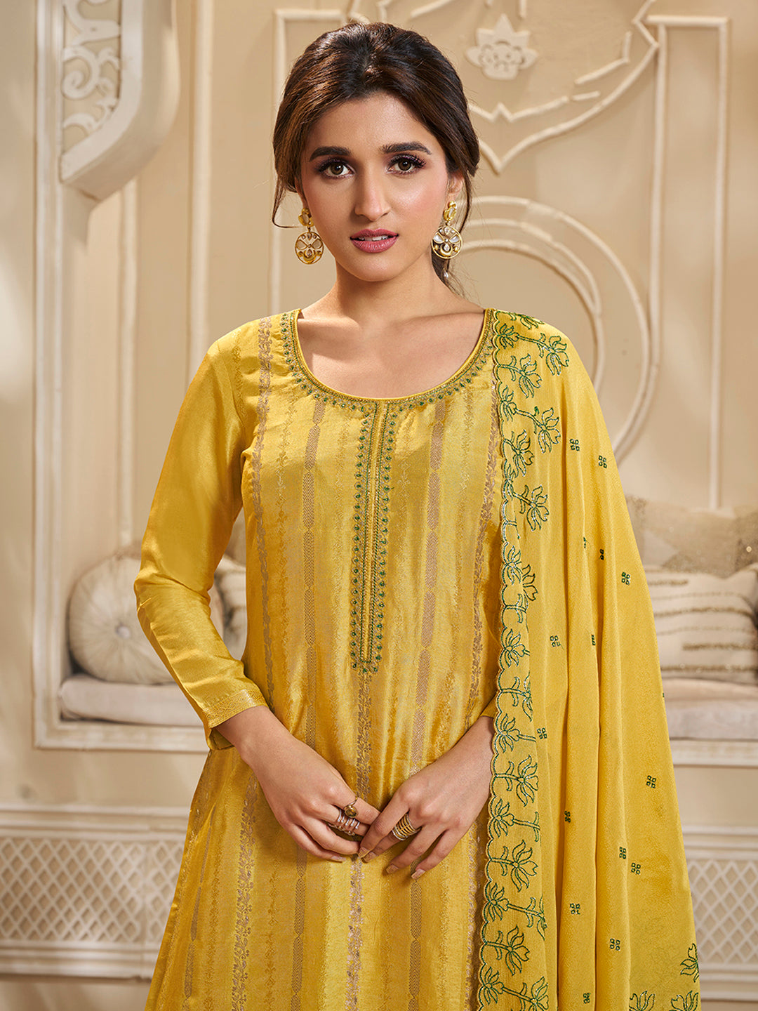 Yellow Dola Silk Palazzo Suit Set with Zari and Self Weave Top by Qivii