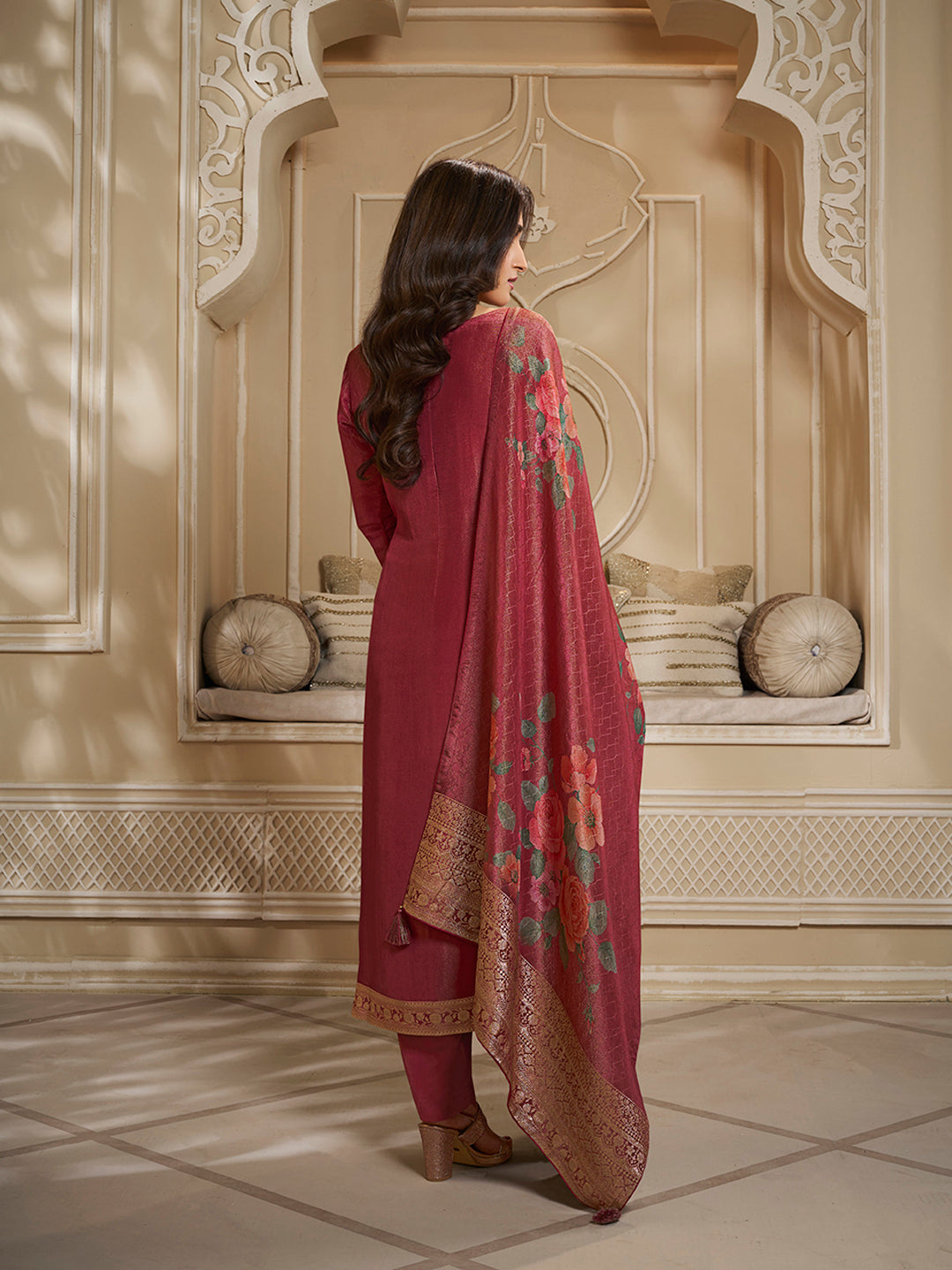 Red Tissue Jacquard Kurta Suit Set with Jaal Pattern and Handcrafted Buttons