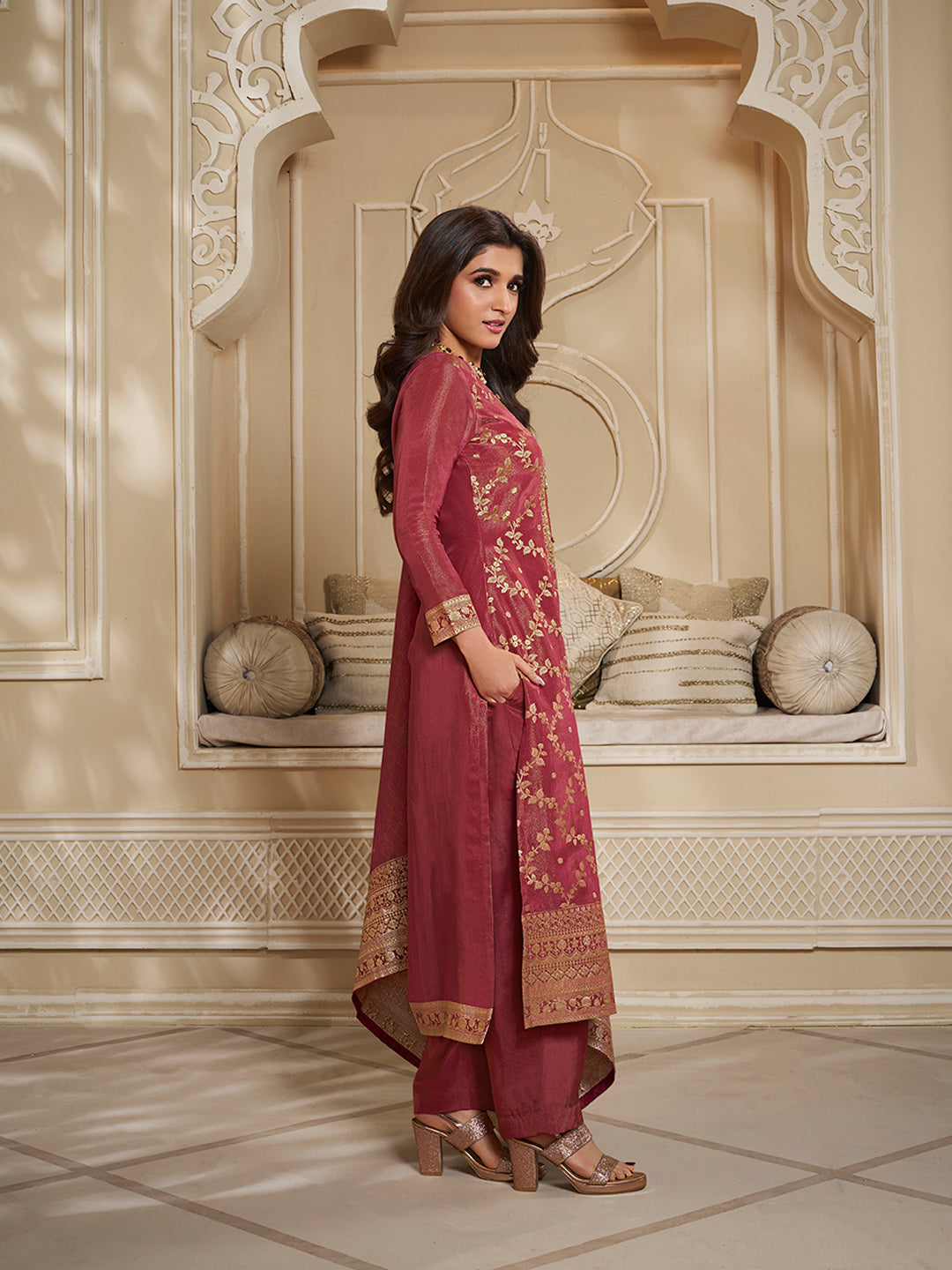 Red Tissue Jacquard Kurta Suit Set with Jaal Pattern and Handcrafted Buttons by Qivii