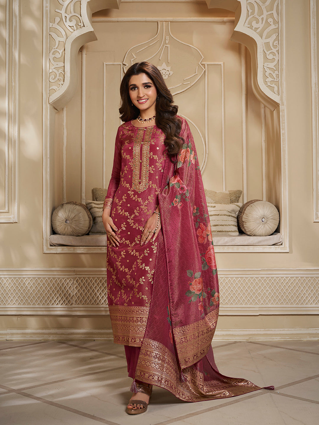 Red Tissue Jacquard Kurta Suit Set with Jaal Pattern and Handcrafted Buttons