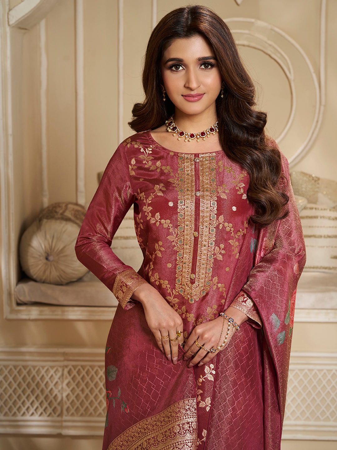 Red Tissue Jacquard Kurta Suit Set with Jaal Pattern and Handcrafted Buttons