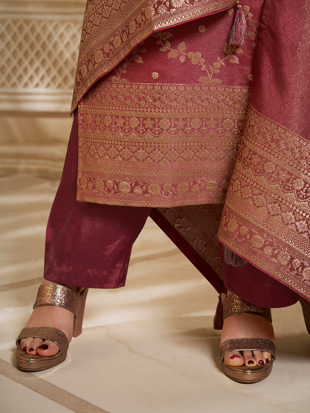 Red Tissue Jacquard Kurta Suit Set with Jaal Pattern and Handcrafted Buttons