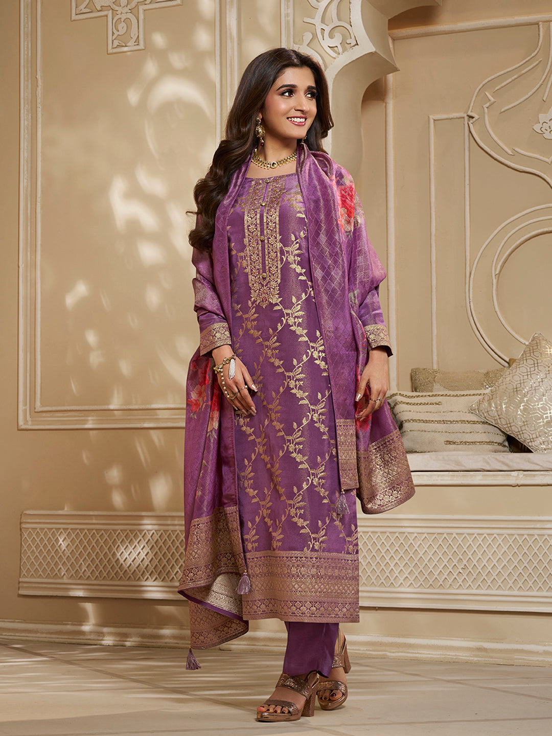 Purple Tissue Jacquard Kurta Suit Set with Jaal Pattern and Handcrafted Buttons
