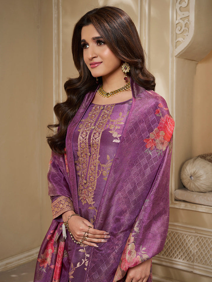 French Purple Tissue Jacquard Top . Paired with Santoon Bottom and Tissue Digital Floral Printed Dupatta