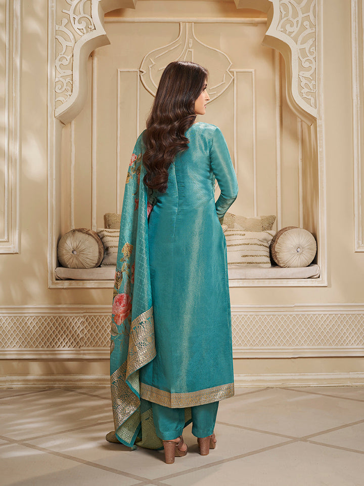 Turquoise Tissue Jacquard Kurta Suit Set with Jaal Pattern and Handcrafted Buttons by Qivii