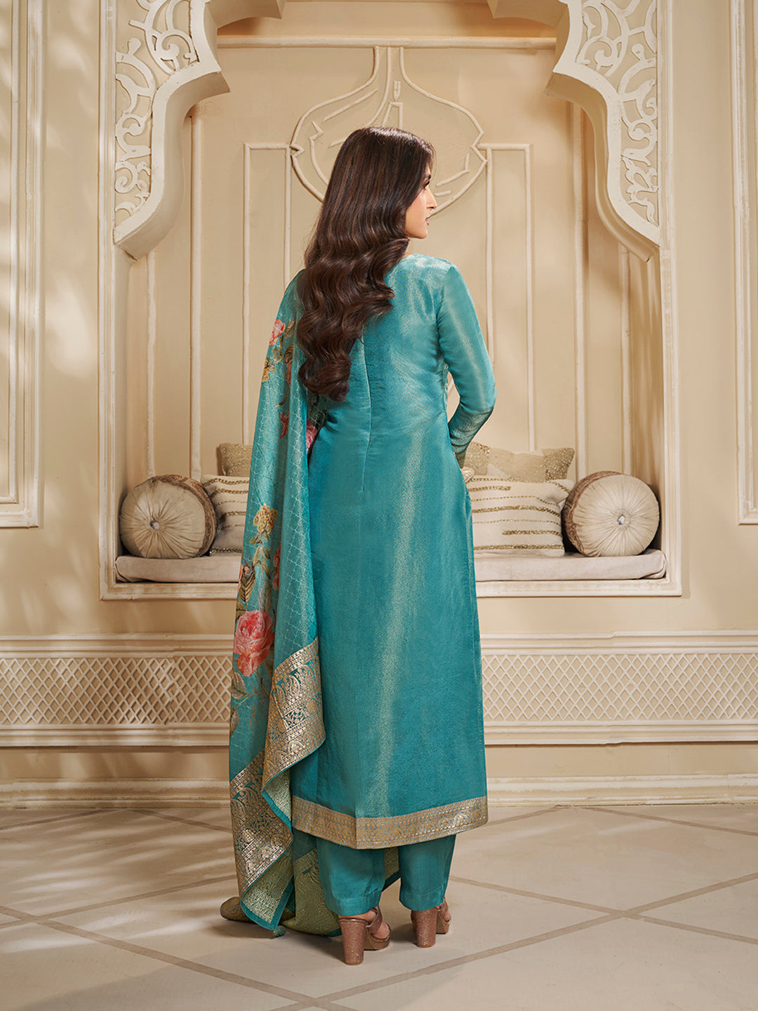 Turquoise Tissue Jacquard Kurta Suit Set with Jaal Pattern and Handcrafted Buttons
