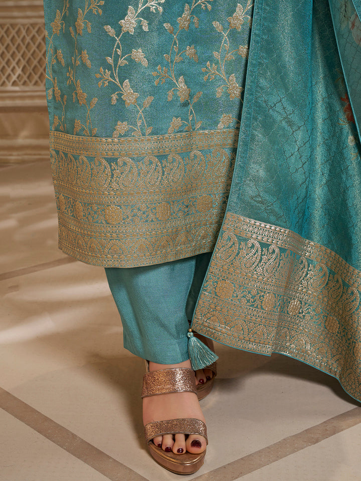 Turquoise Tissue Jacquard Kurta Suit Set with Jaal Pattern and Handcrafted Buttons by Qivii