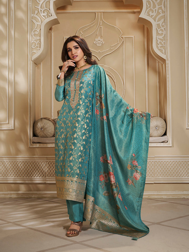 Pacific Blue Tissue Jacquard Top . Paired with Santoon Bottom and Tissue Digital Floral Printed Dupatta