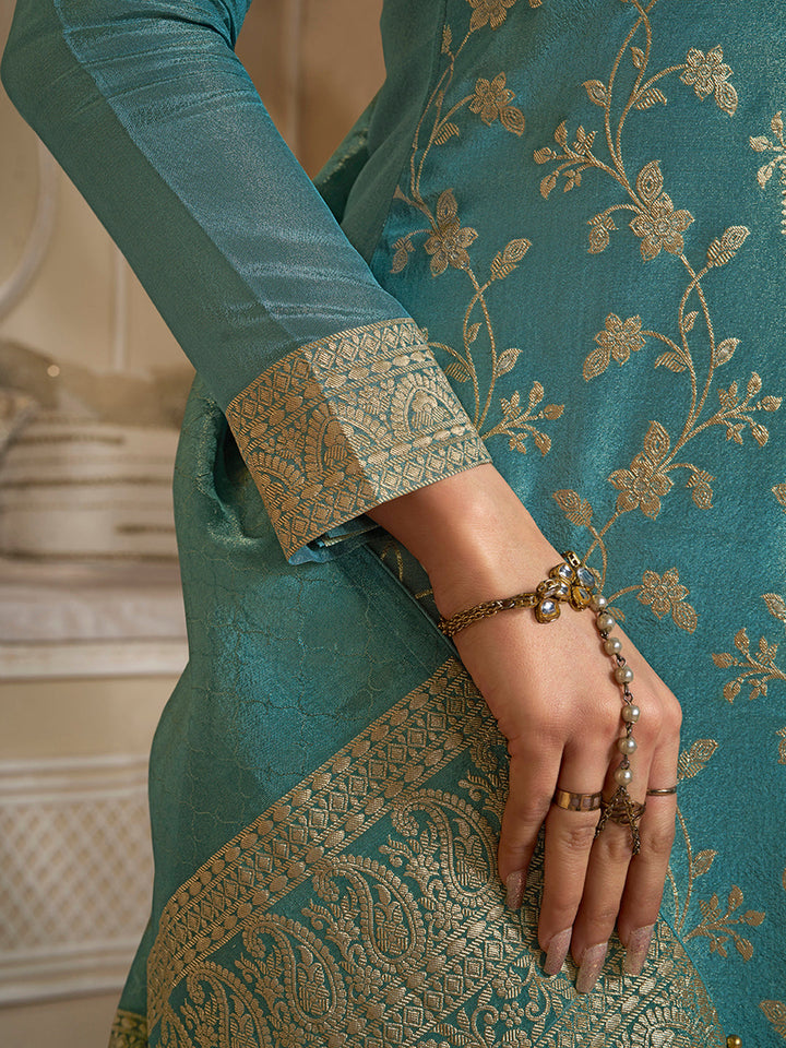 Turquoise Tissue Jacquard Kurta Suit Set with Jaal Pattern and Handcrafted Buttons by Qivii