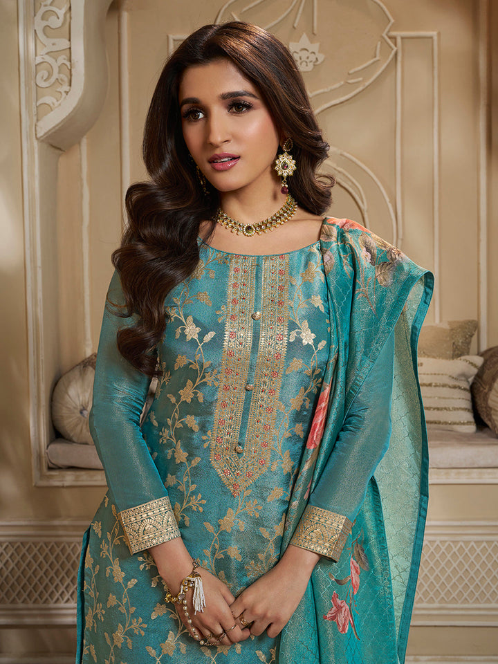 Turquoise Tissue Jacquard Kurta Suit Set with Jaal Pattern and Handcrafted Buttons by Qivii