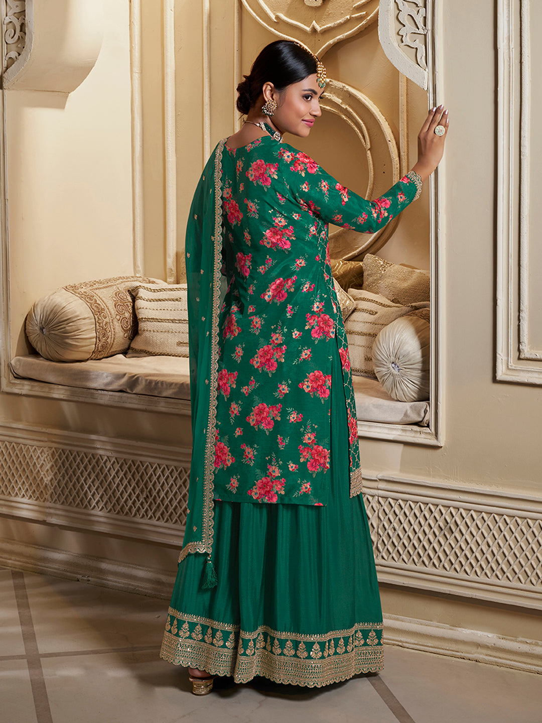 Green Digital Floral Printed Embroidered Sharara Suit Set by Qivii