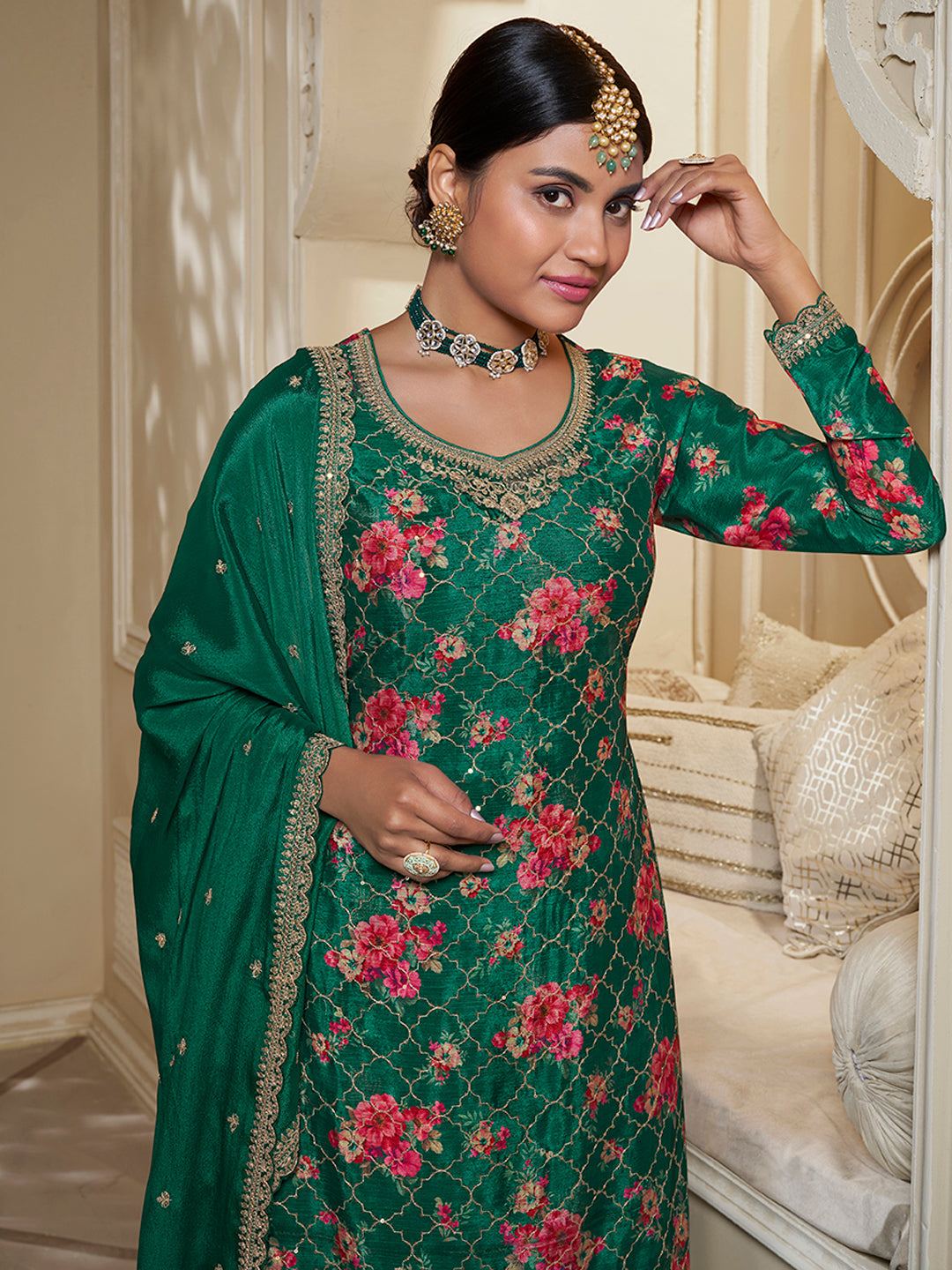 Green Digital Floral Printed Embroidered Sharara Suit Set