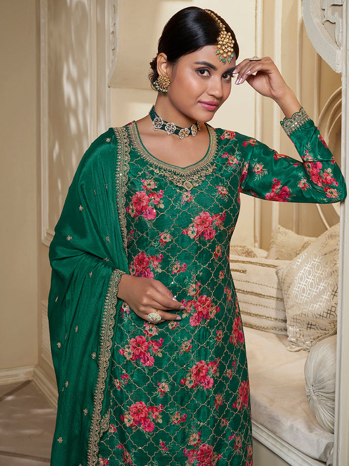 Green Digital Floral Printed Embroidered Sharara Suit Set by Qivii