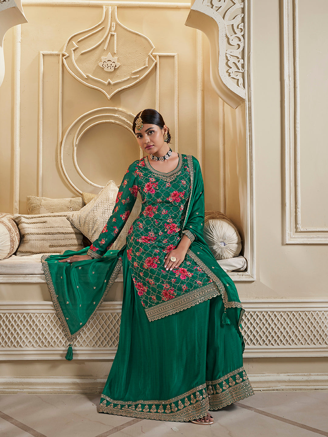 Green Digital Floral Printed Embroidered Sharara Suit Set by Qivii