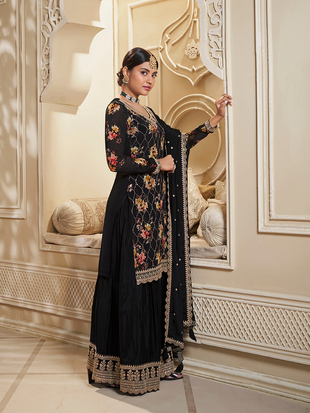 Black Digital Floral Printed Embroidered Sharara Suit Set by Qivii