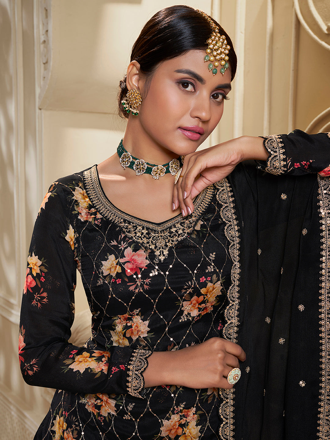 Black Digital Floral Printed Embroidered Sharara Suit Set by Qivii