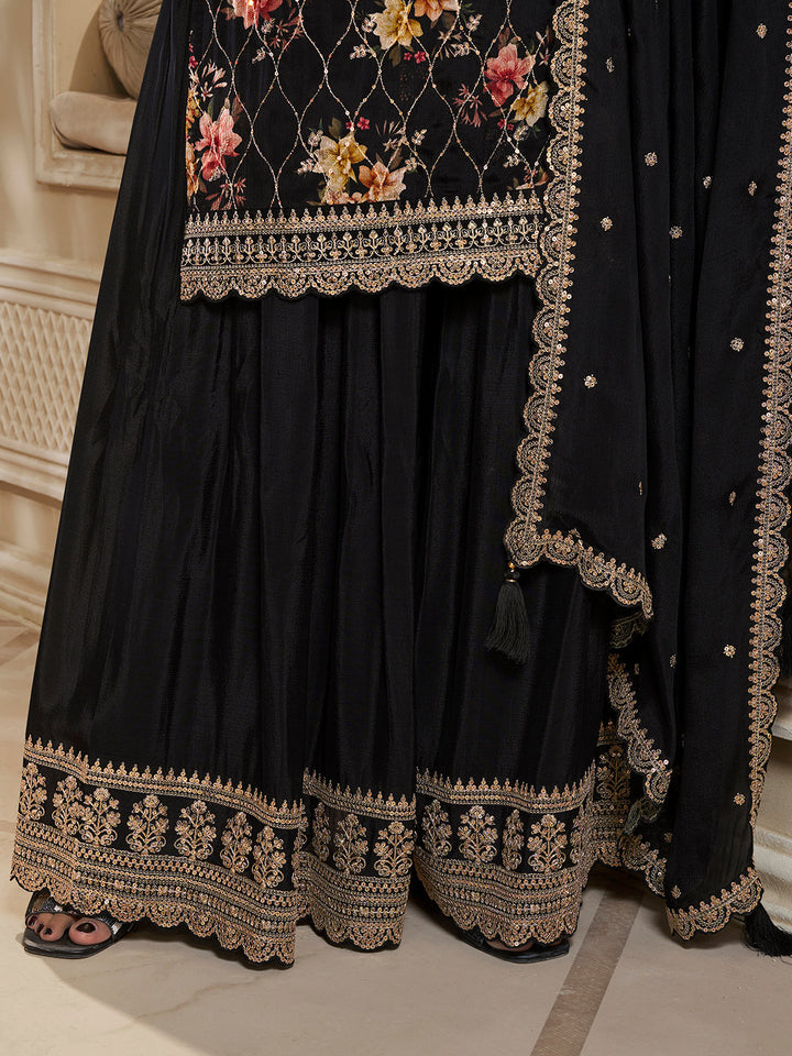 Black Digital Floral Printed Embroidered Sharara Suit Set by Qivii