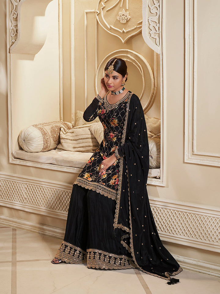 Black Digital Floral Printed Embroidered Sharara Suit Set by Qivii