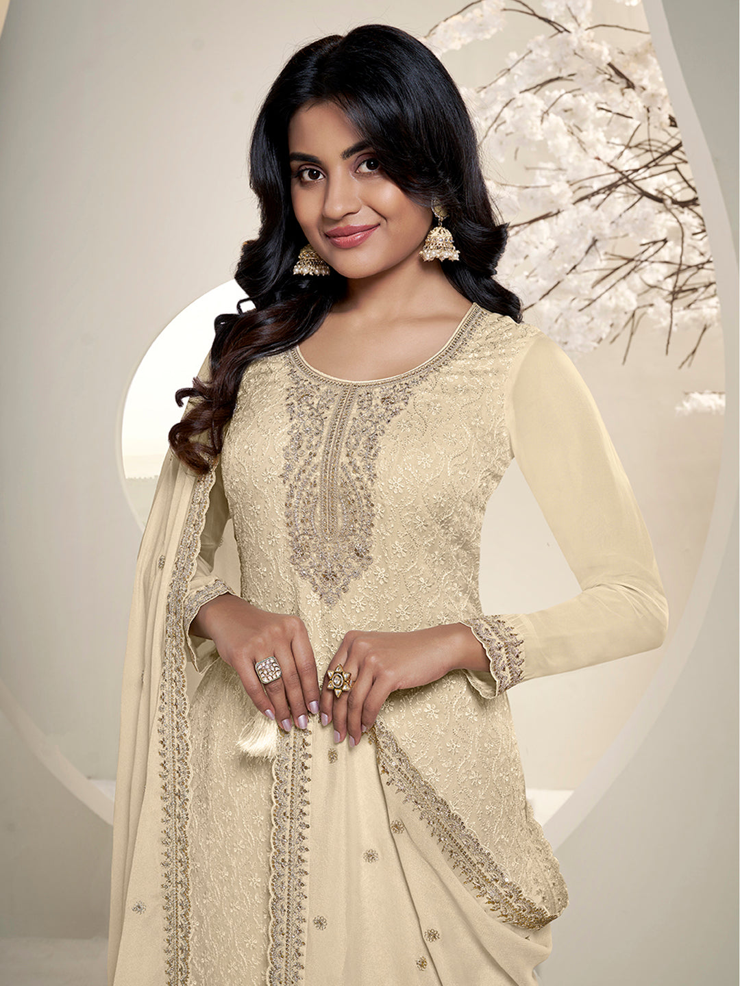 Off White Floral Pattern Schiffli Thread and Sequins Embroidery Kurta Suit Set