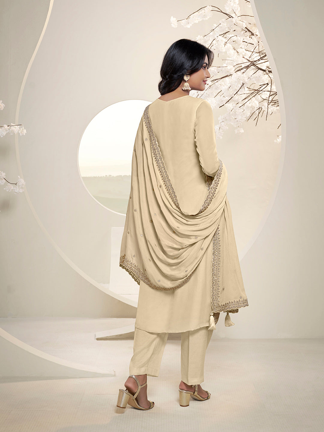 Off White Floral Pattern Schiffli Thread and Sequins Embroidery Kurta Suit Set