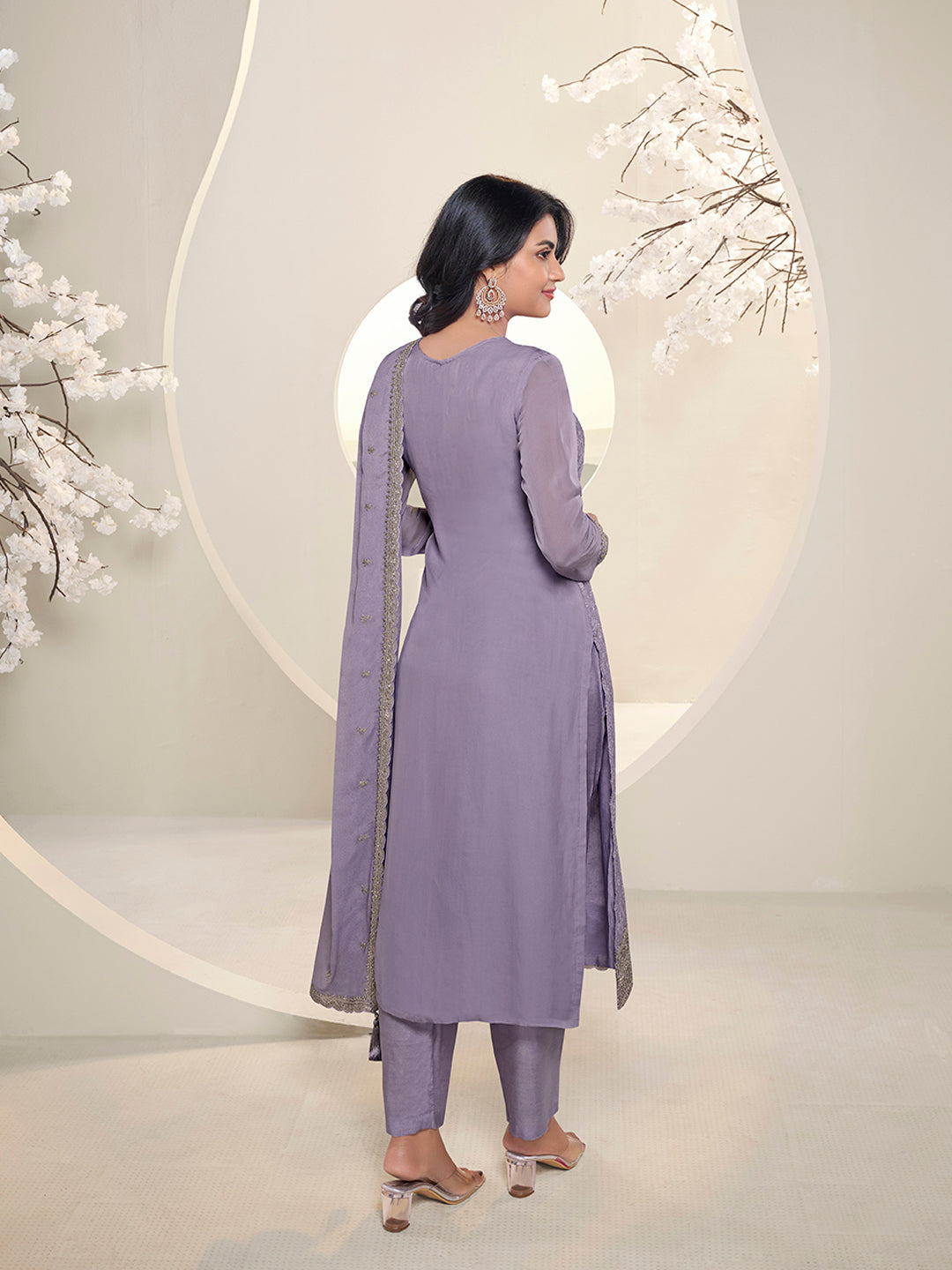 Lavender Floral Pattern Schiffli Thread and Sequins Embroidery Kurta Suit Set by Qivii